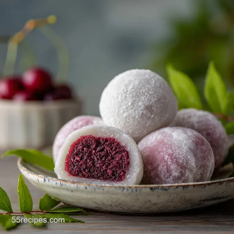 Elegant trio of pale green mochi glistening with a delicate sheen, paired with a mound of rich, dark red bean paste.