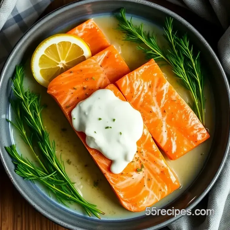 Refreshing Cold Poached Salmon with Lemon-Dill Sauce presentation