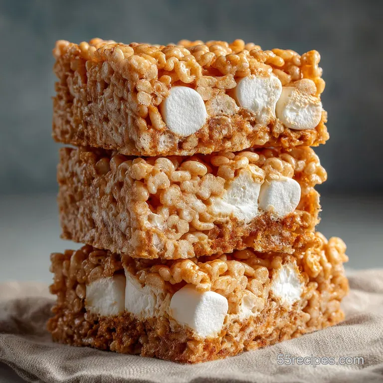 Stacked rice crispy treats, oozing with melted marshmallow, dusted with powdered sugar, on a clean white plate, ready to b...