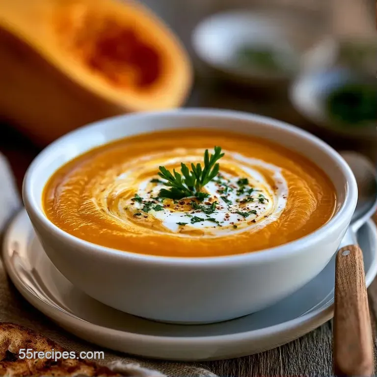 A smooth, golden-orange puree served in a dark bowl with a delicate swirl of crème fraîche and fresh herbs.