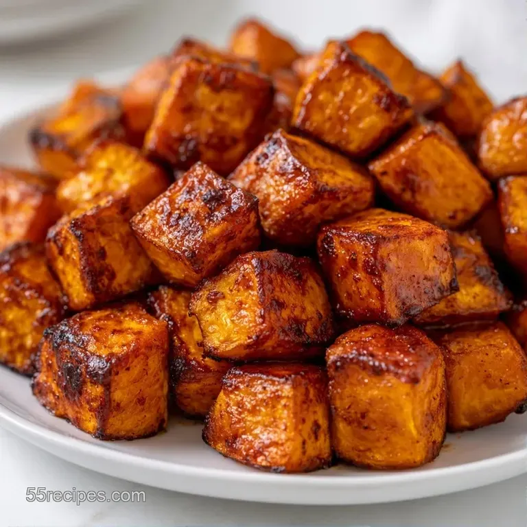 Vibrant orange potato cubes neatly arranged on a matte ceramic plate, topped with a dollop of cream and chopped chives.