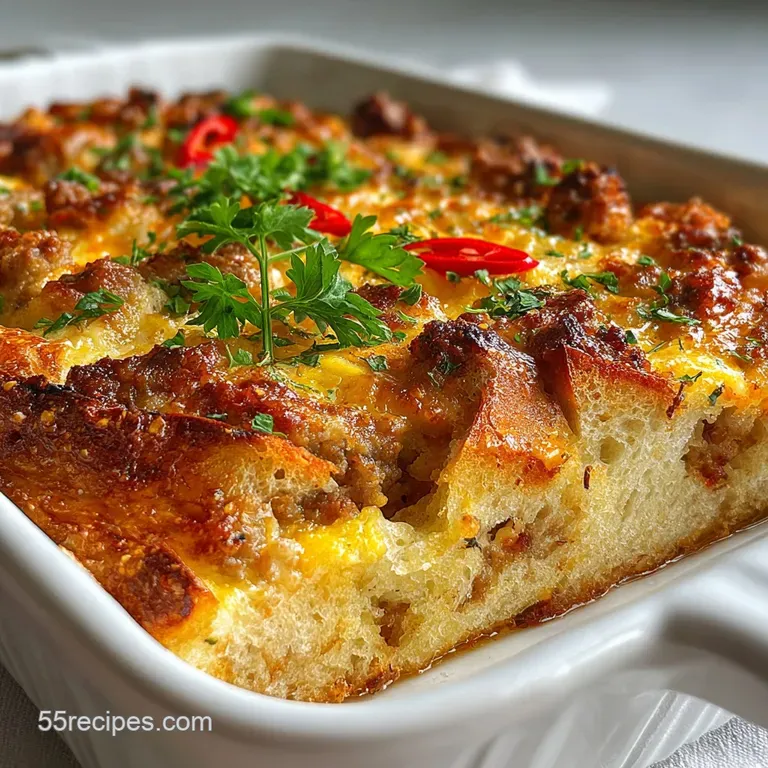 Warm slice of sausage casserole on a white plate. Visible egg custard, juicy sausage pieces, and crusty toasted bread cubes.