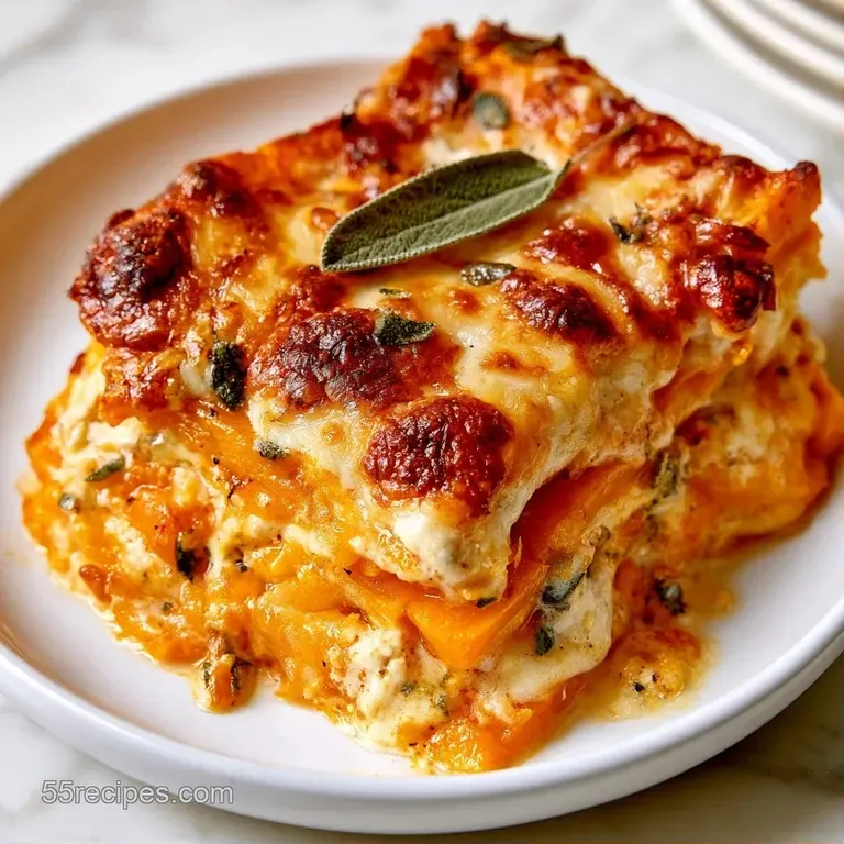 A precise slice of creamy orange layers and melted cheese on a white plate, garnished with fresh sage leaves.