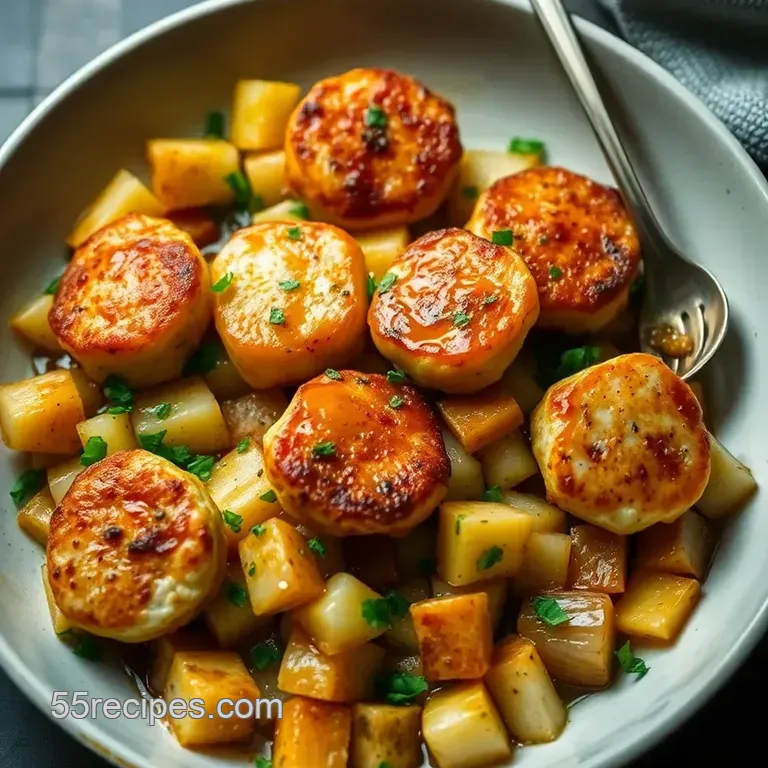 Seaside Delight: Fishcakes and Scallops Stir Fry with Ginger-Soy Glaze presentation