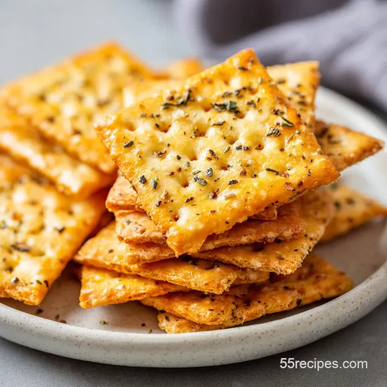 Stacked seasoned saltine crackers on a rustic wooden board. Herbs and spices are visible, adding pops of color, paired wit...