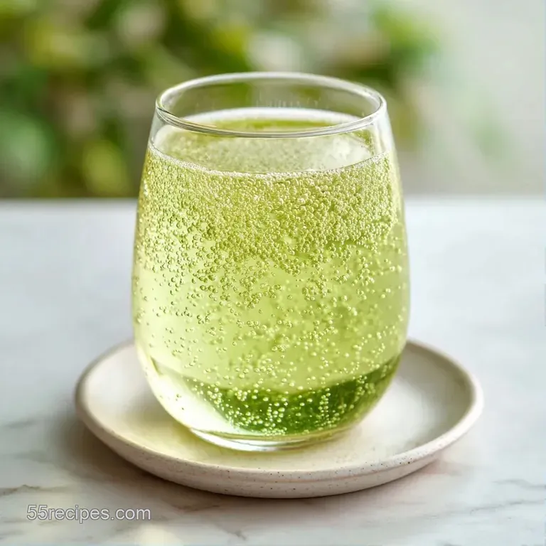 A small, sleek glass of vibrant green tea resting on a marble surface next to a metallic cocktail shaker.