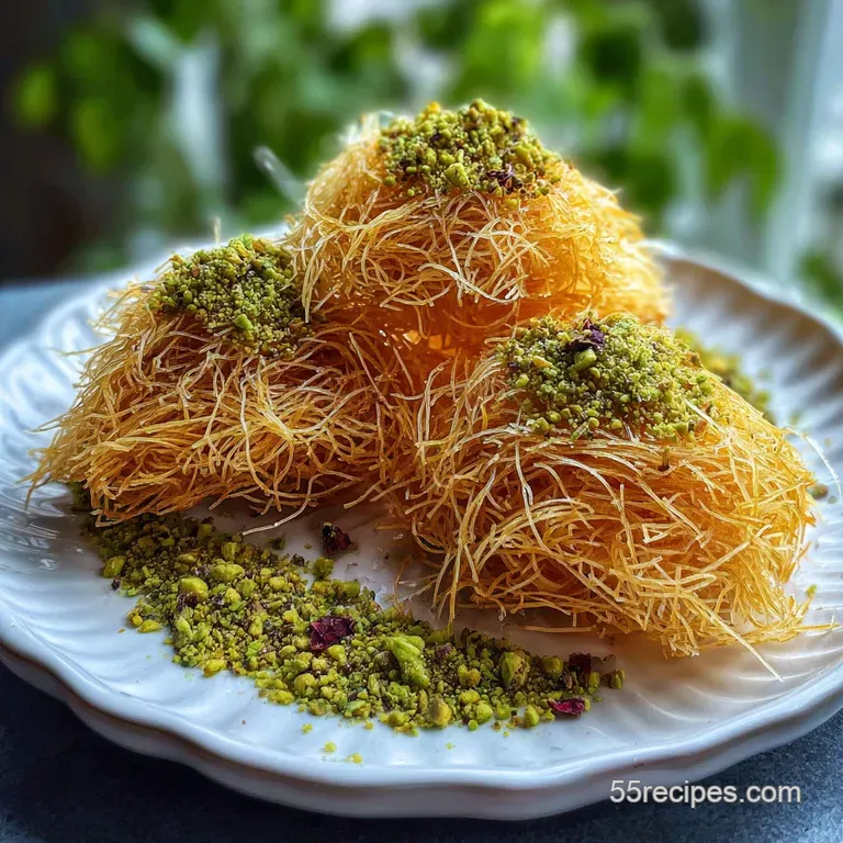 Delicate mound of crispy, golden shredded filo, artfully arranged on a white plate. A light dusting of icing sugar. Inviti...