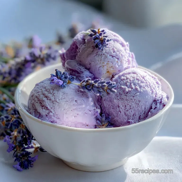 Scoop of lavender ice cream in a crystal coupe glass, adorned with sugared lavender buds. Silky smooth texture, cool and r...