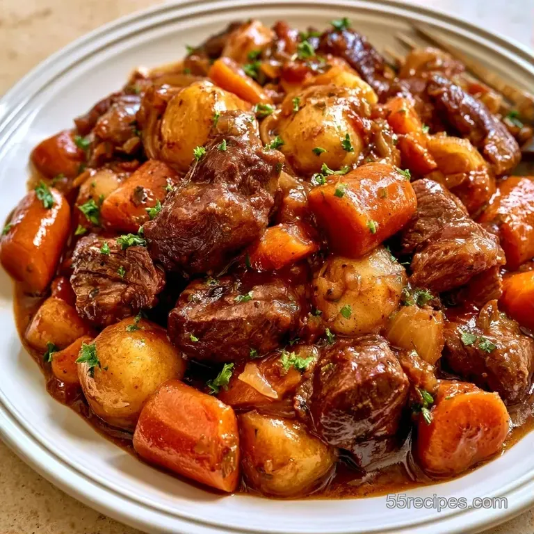 Deep white bowl of savory brown stew with bright orange carrots and softened grapes, topped with a fresh herb sprig.