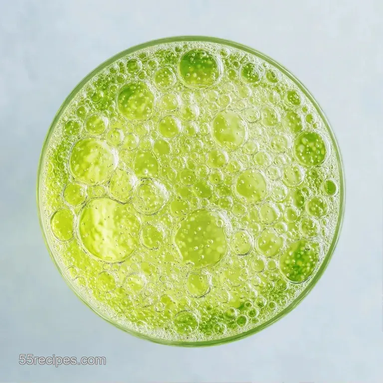 Small, sleek glass of bright green tea on a minimalist white tray, accented by a fresh, organic mint leaf.
