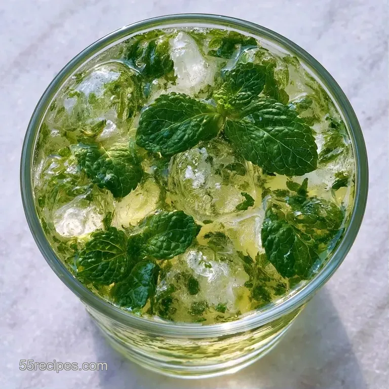 Elegant coupe glass filled with a smooth, pale green liquid and a single floating mint leaf on a white marble surface.