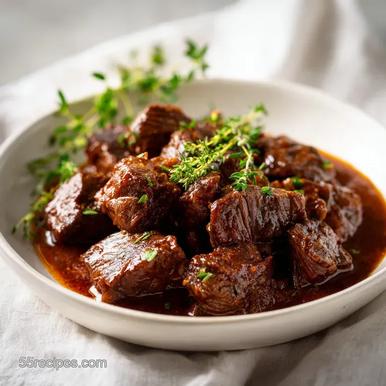 A white ceramic bowl filled with chunky meat and root vegetables, garnished with a fresh sprig of bright green parsley.