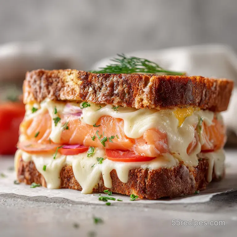 Artfully sliced croque monsieur on a white plate, adorned with fresh dill sprigs.