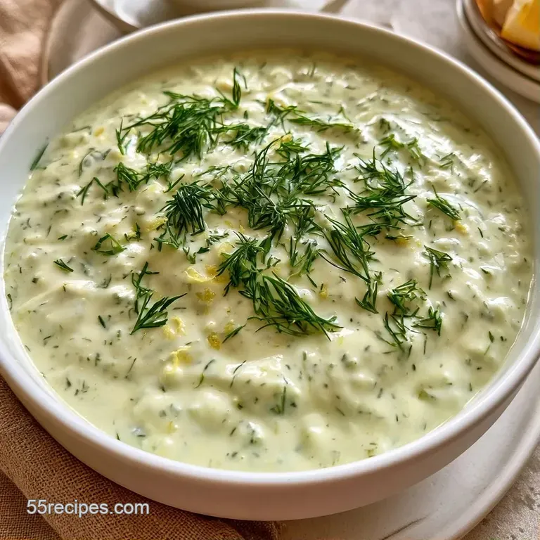 A small ceramic ramekin of thick white cream topped with a fresh sprig of dill and a sprinkle of cracked black pepper.