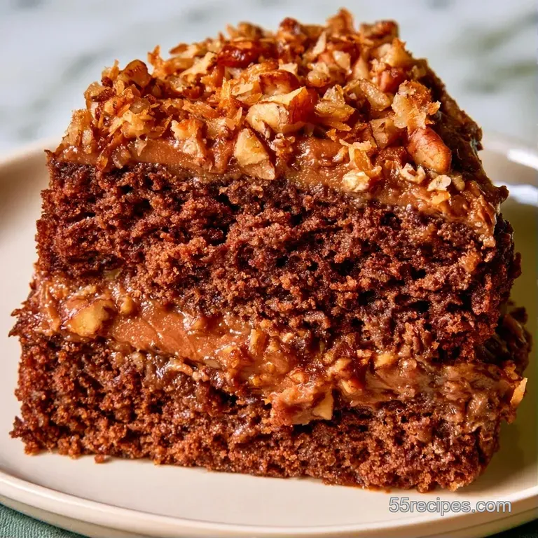 A slice of moist chocolate cake on a white porcelain plate, topped with chunky coconut icing and toasted pecans.
