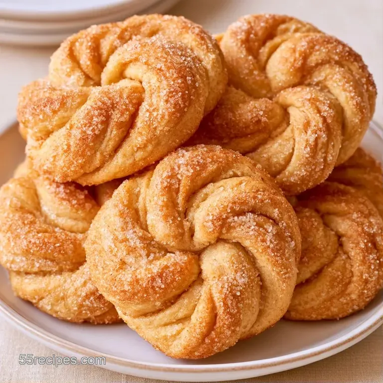 Spiraled golden pastries stacked neatly on a white ceramic plate accompanied by a small bowl of creamy dip.