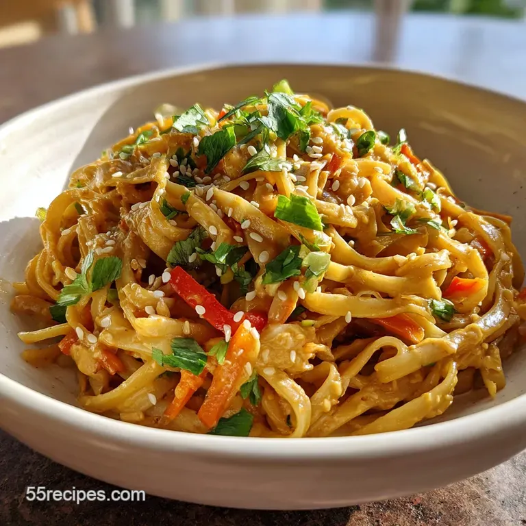 A nest of peanut noodles artfully arranged in a white bowl, drizzled with sauce and sprinkled with herbs, inviting & flavo...