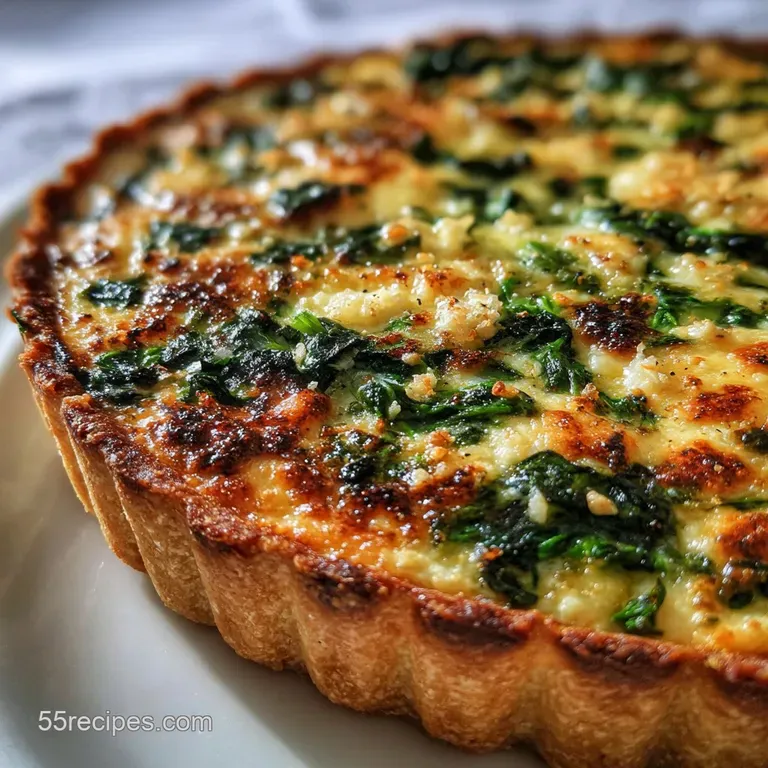 Slice of spinach tart showcasing layers of flaky crust, rich spinach filling, and melted cheese, beautifully presented on ...