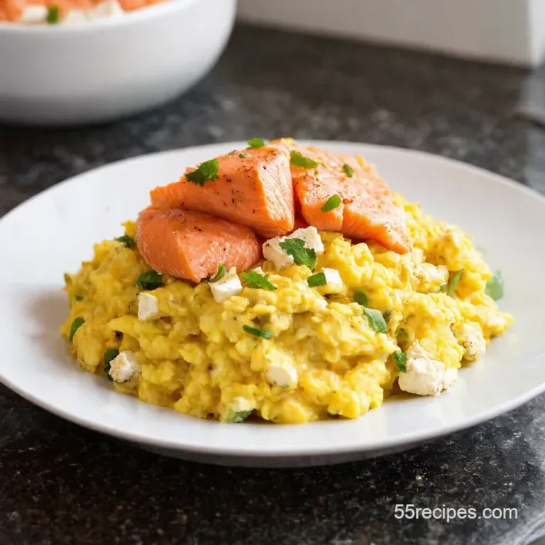 Spinach Feta Scramble with Smoked Salmon Toast presentation
