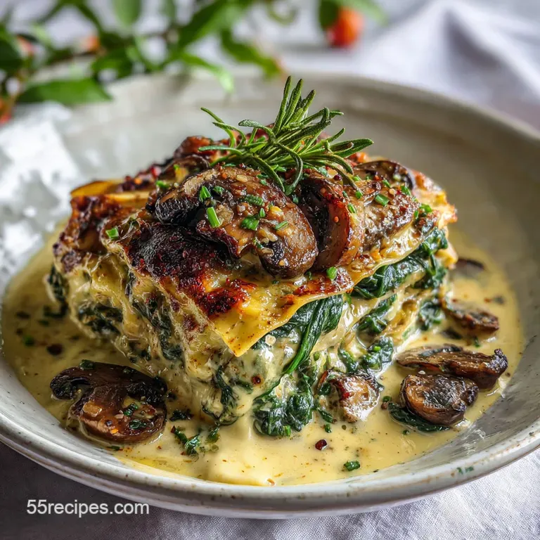 A square of spinach lasagna plated, bechamel glistening, beside a simple green salad. Steam rises, inviting a first bite.