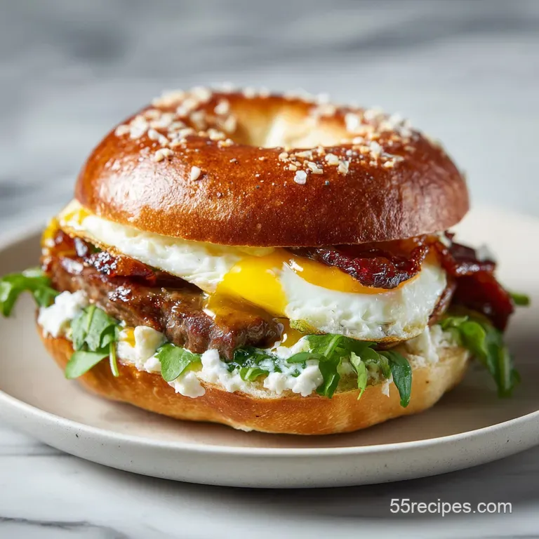 A warm, assembled bagel sandwich with a glistening fried egg and melted cheese, artfully plated.
