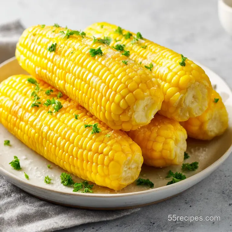 Tender corn on the cob halves, lightly buttered, arranged artfully with a sprinkle of fresh herbs.