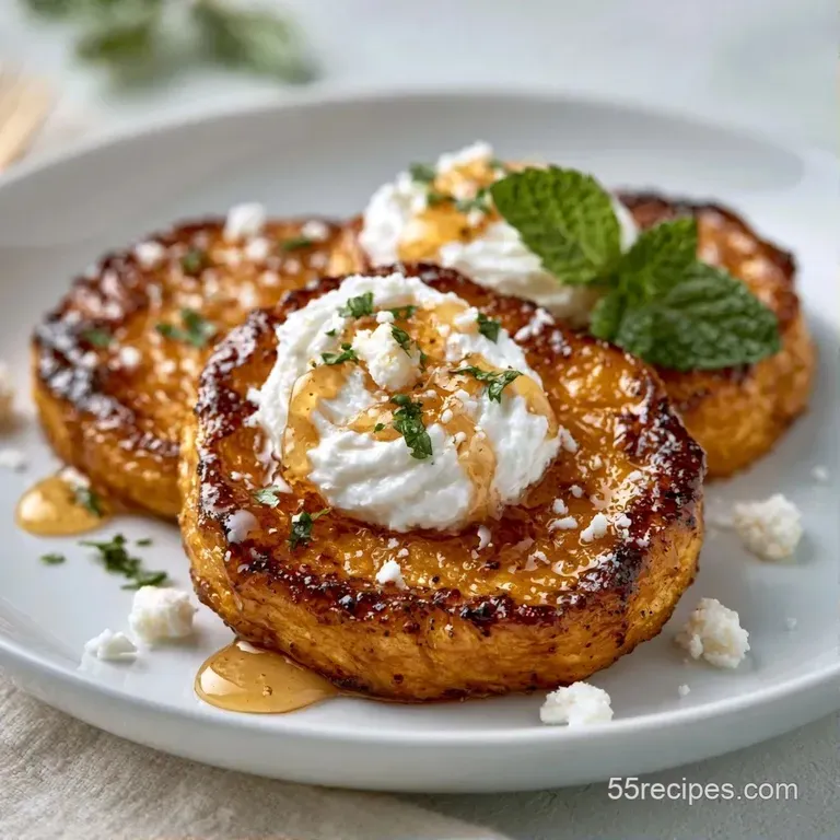 Rows of golden toast topped with bright orange roasted potatoes and dollops of soft white cheese on a slate platter.