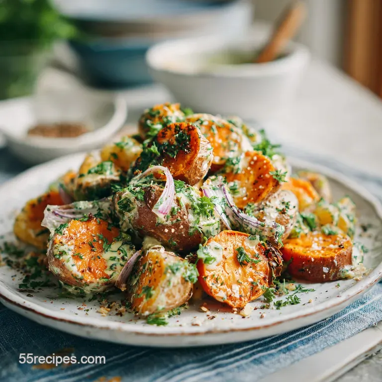 Elegant potato salad with sweet potatoes; visible creamy dressing, herbs, and contrasting orange and yellow hues.