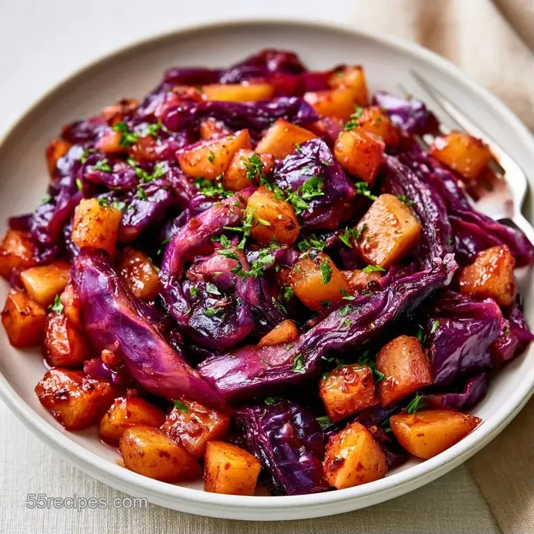 A heap of deep purple braised cabbage and tender apples in a white ceramic bowl on a rustic wooden table.