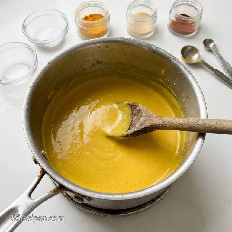 Bright yellow mustard mixture whisked in a small saucepan.
