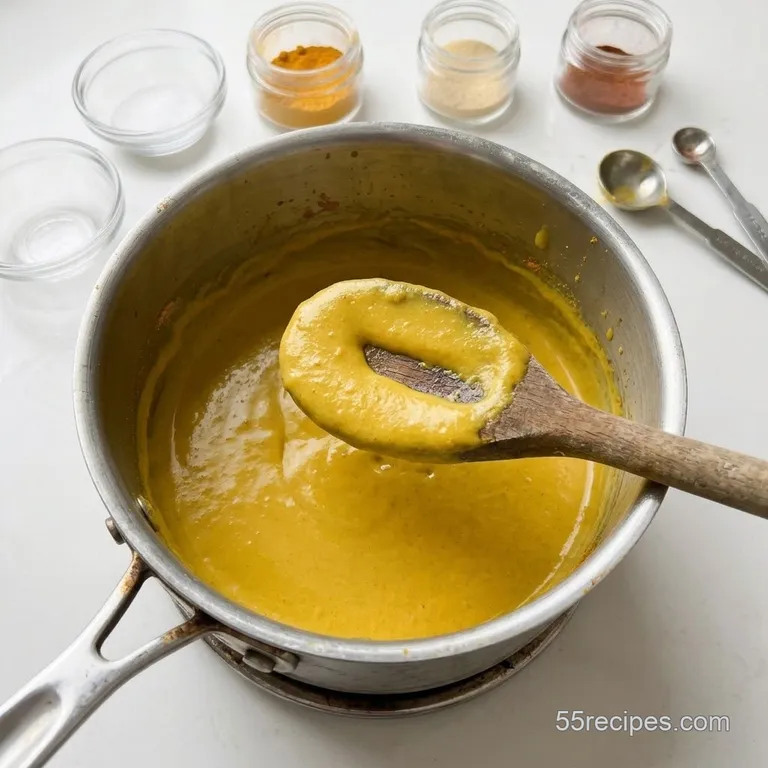 Thickened yellow mustard in a saucepan coating the back of a spoon.
