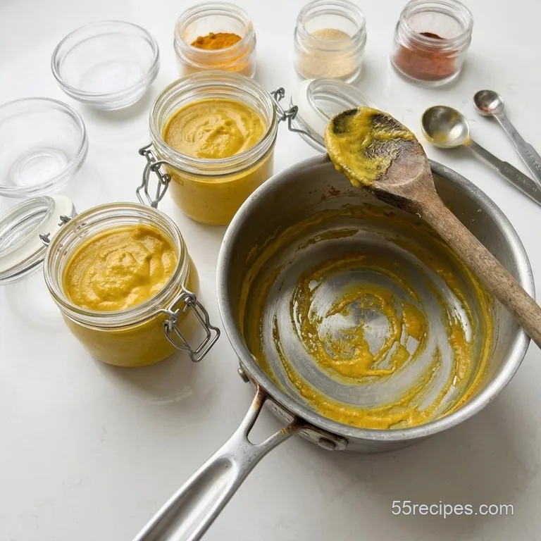 Homemade yellow mustard stored in glass jars.