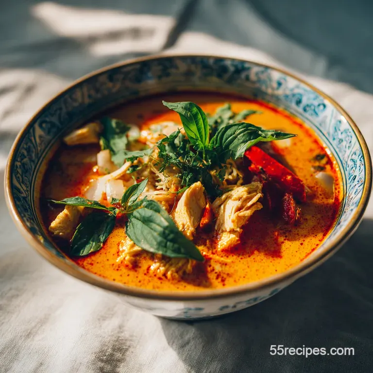 Elegantly served, this coconut curry soup boasts bright green garnishes and swirls of creamy white.