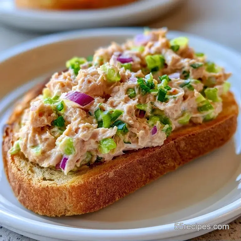 Crispy golden toast topped with creamy tuna and microgreens, neatly arranged on a white plate beside a fresh salad.