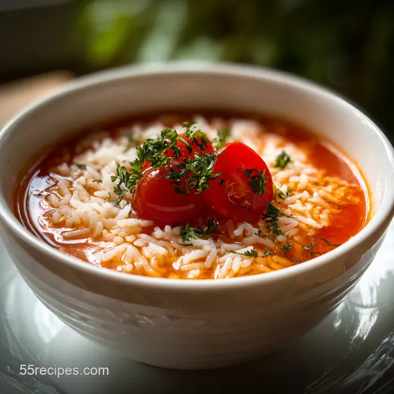 Elegant serving: Tomato rice soup in a white bowl, topped with swirl of cream, basil sprig, and crusty bread for dipping.
