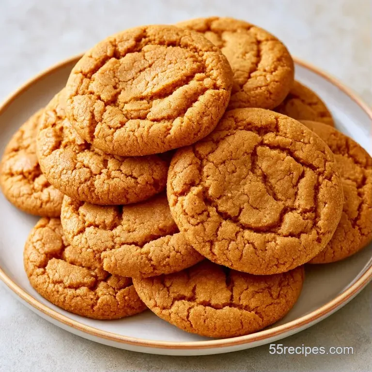 A stack of amber-colored cookies on a white ceramic plate, paired with a steaming cup of tea and a linen napkin.