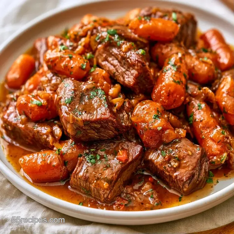 Slices of slow-cooked beef in a rich brown sauce, paired with vibrant braised red cabbage on a white ceramic plate.
