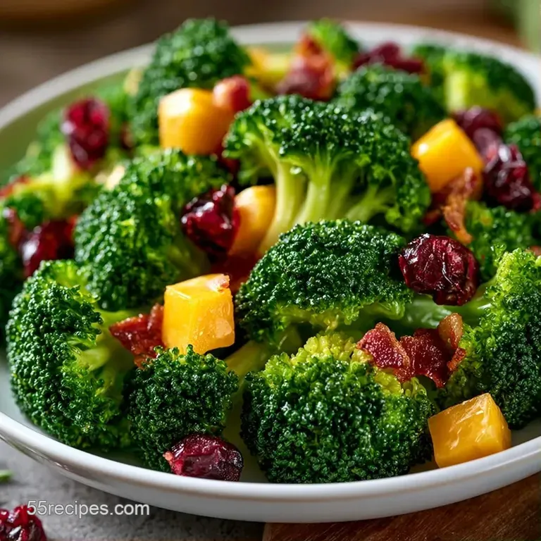 A wide white bowl filled with bright green broccoli, crispy bacon, and red onion, topped with sunflower seeds.