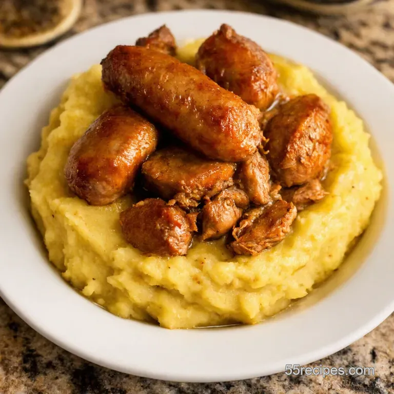Turkey Herb Bangers with Sweet Potato Mash Cider Gravy presentation