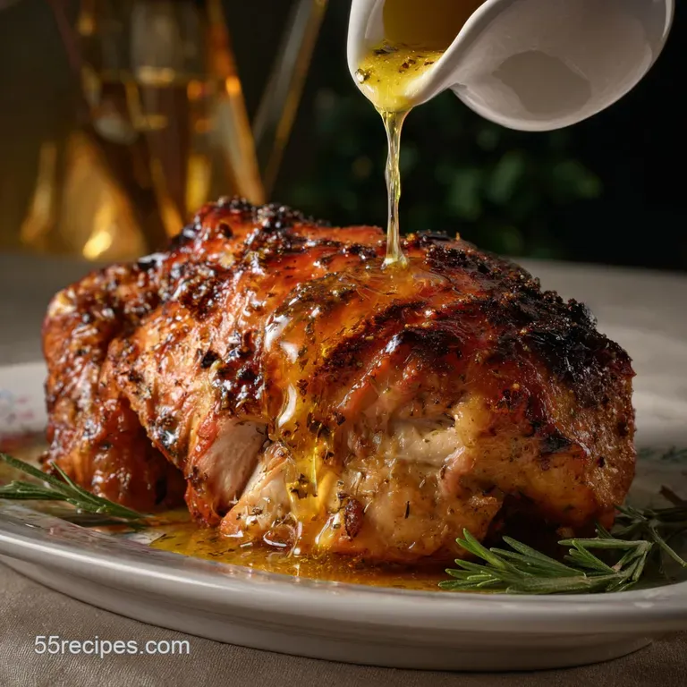 Tender slices of turkey arranged artistically on a white plate, showcasing moist, flavorful meat alongside fresh sprigs of...