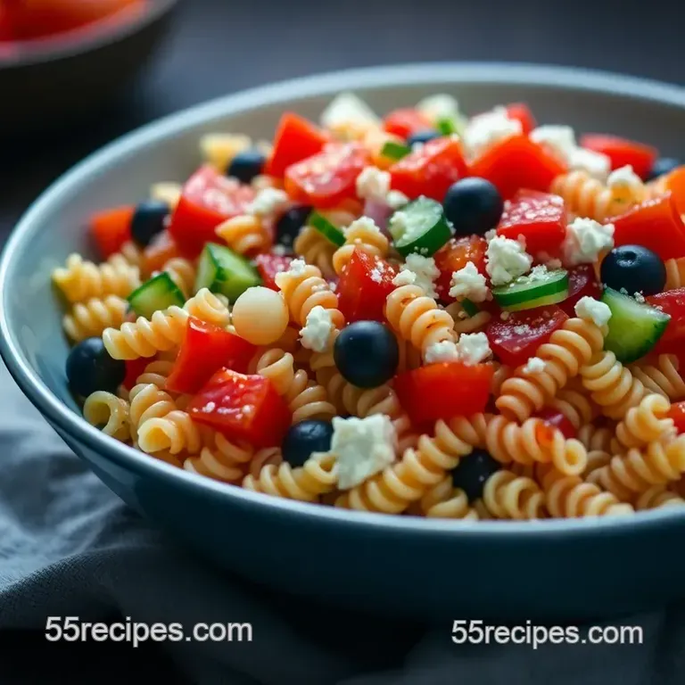 Vibrant Rotini Pasta Salad with Fresh Veggies and Herb Vinaigrette presentation