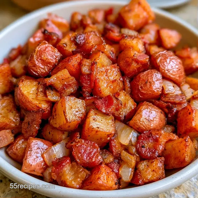 A rustic ceramic bowl filled with glazed golden potatoes and red onion, topped with crumbled bacon and herbs.