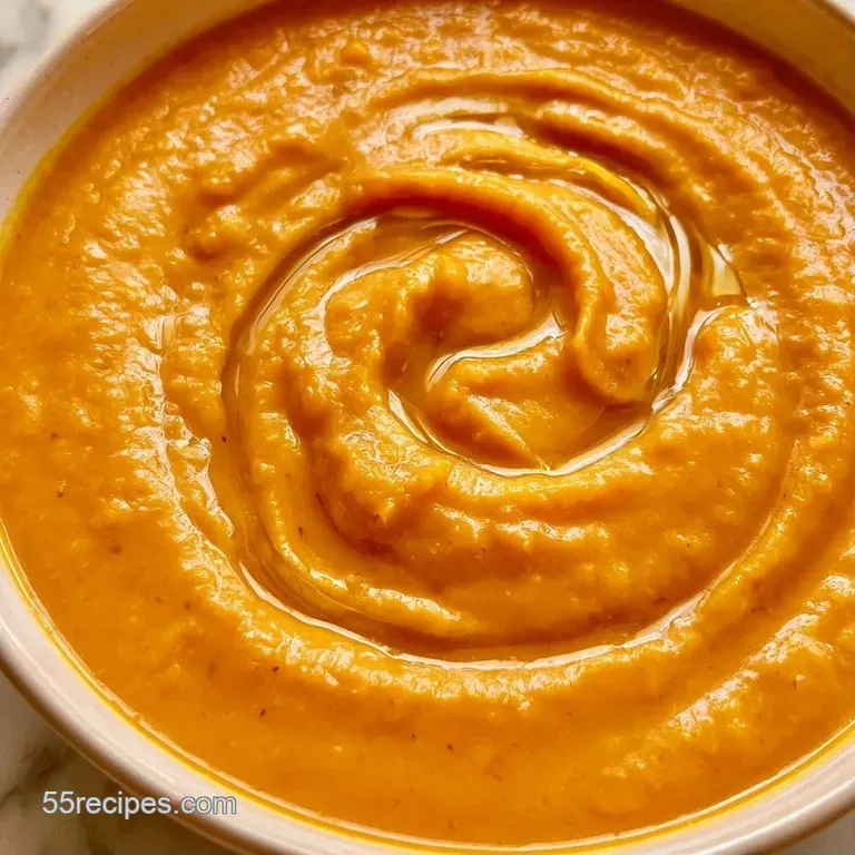 Golden-orange puree in a white bowl, drizzled with olive oil and paired with toasted sourdough on a linen cloth.