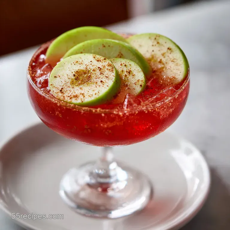 Elegant stemware filled with a luminous green beverage, clear ice, and a crisp apple slice resting on the rim.