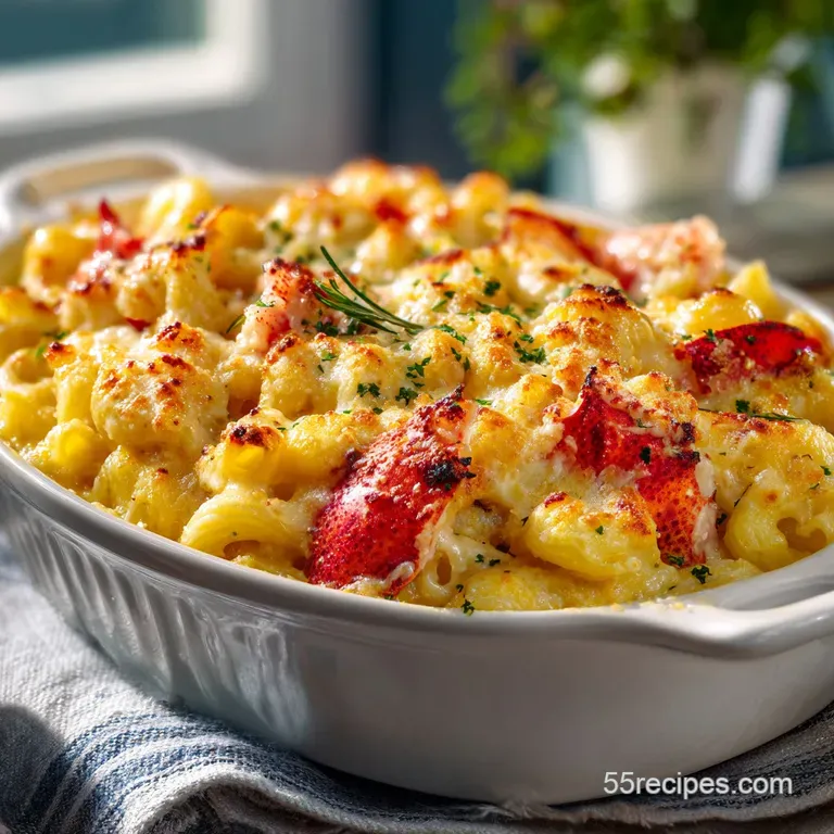 Elegant portion of lobster mac and cheese with visible lobster chunks and herbs, plated with a crisp breadcrumb topping.