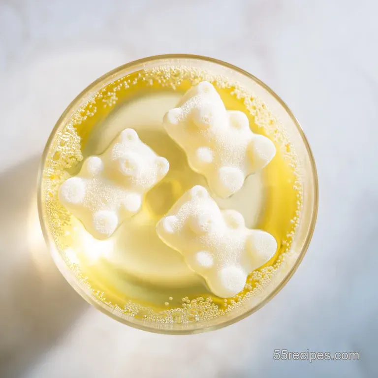 Three elegant shot glasses featuring a smooth white beverage topped with glossy, translucent candy bears.
